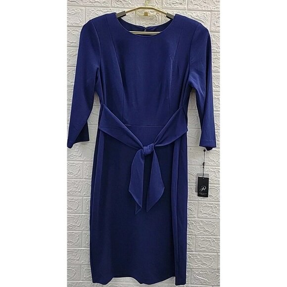 Adrianna Papell Crepe Tie Waist Sheath Dress Women's Size 4 Navy Blue - Picture 2 of 5
